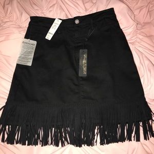 Bebe Fringe Denim Mini Skirt